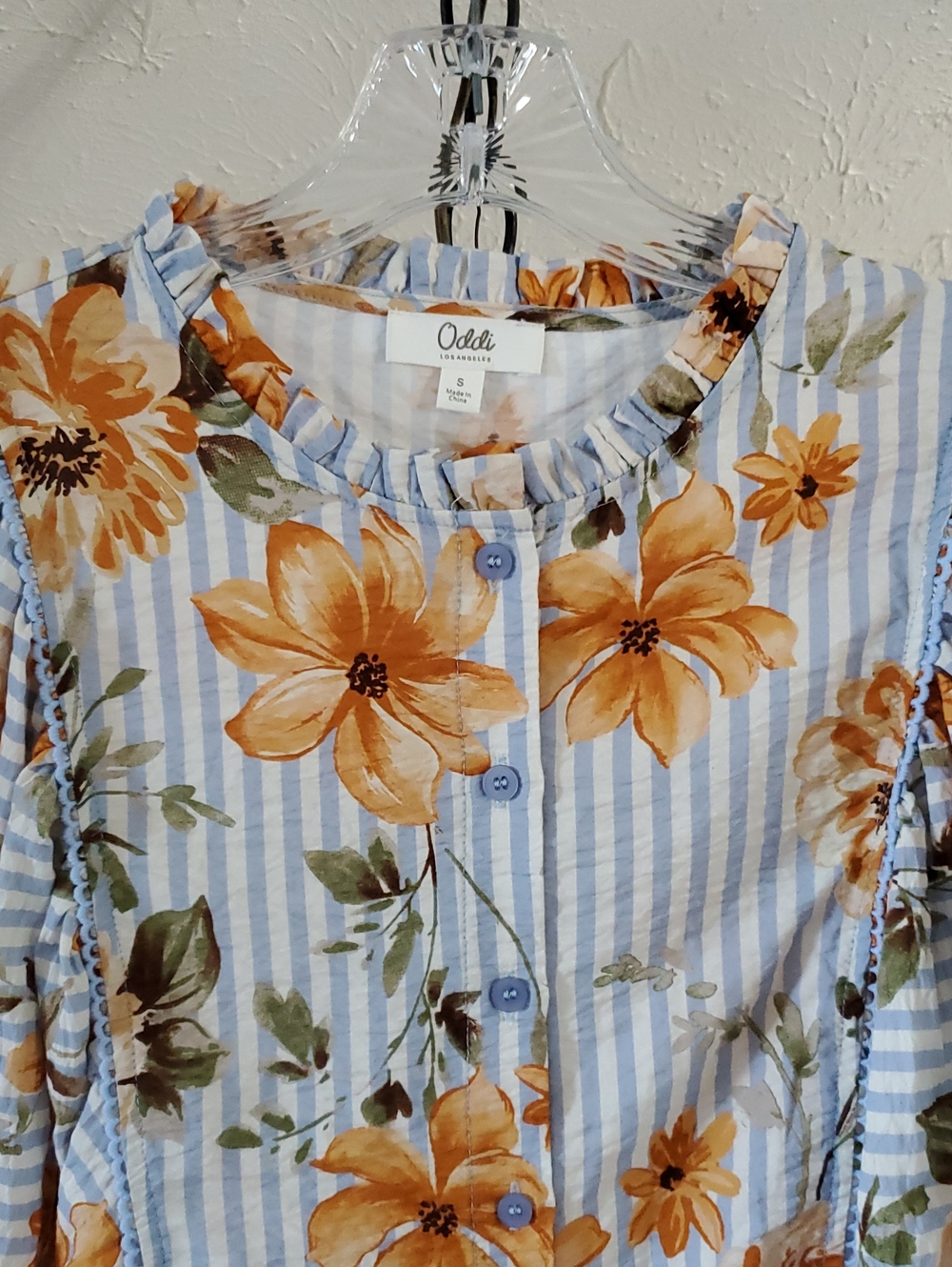 Oddi Blue Stripe & Orange Floral Ruffle Button-Front Top